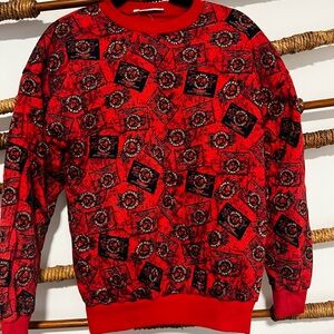 Bold Red and Black Crewneck Sweater with Floral Design